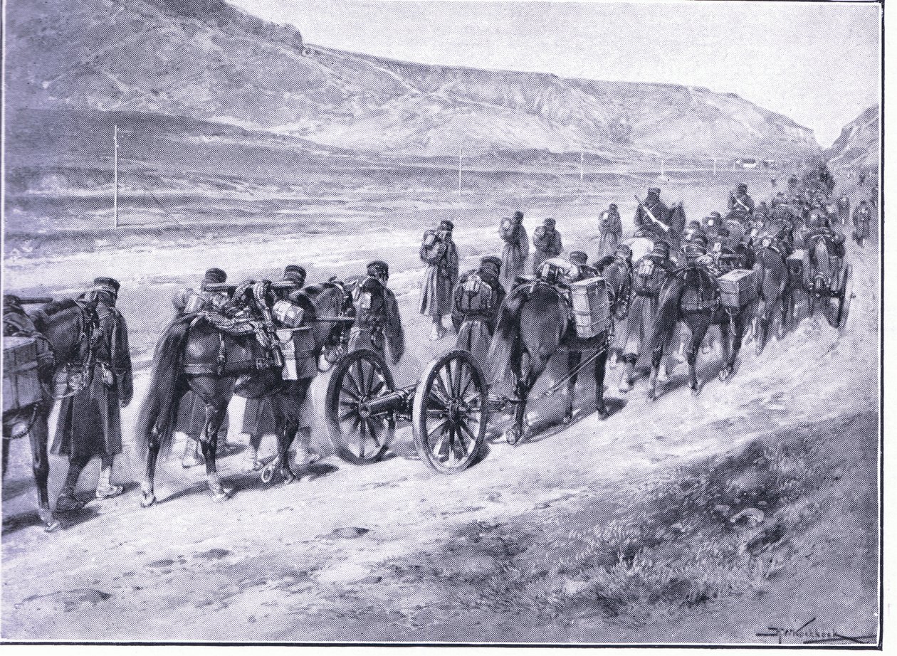 Baterie polních děl na cestě do Ichonu, ilustrace z Cassells History of the Rusko-japonské války Vol 1, kolem roku 1900 od Johannes Hermann Barend Koekkoek