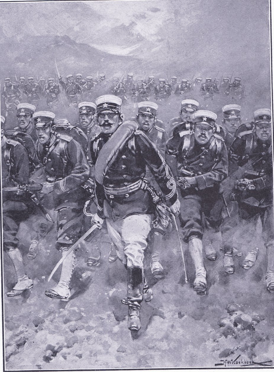 Náboj japonské pěchoty, ilustrace z Cassells Historie rusko-japonské války Vol 1, kolem roku 1900 od Johannes Hermann Barend Koekkoek
