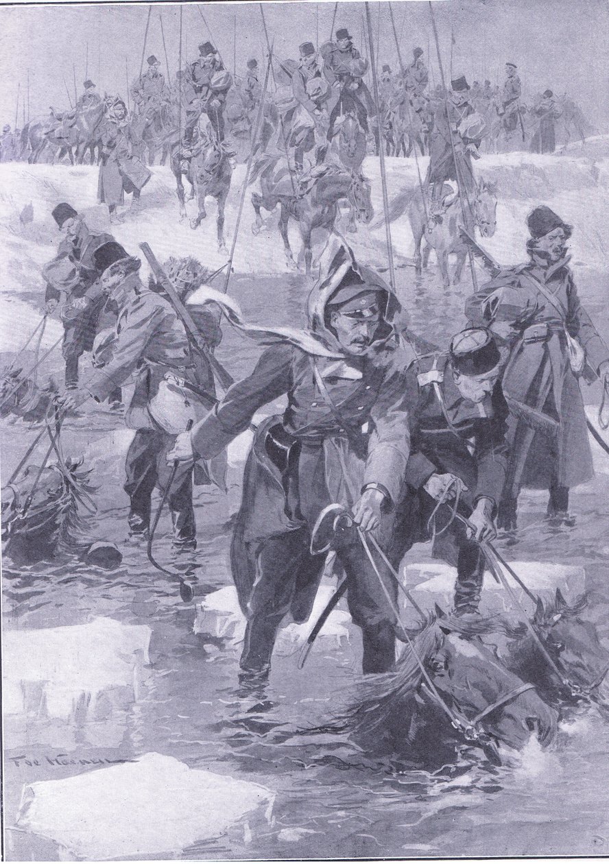 Skvělý jezdecký výkon. Ruská jízda překračující řeku, ilustrace z Cassells Historie rusko-japonské války Vol 1, kolem roku 1900 od Johannes Hermann Barend Koekkoek