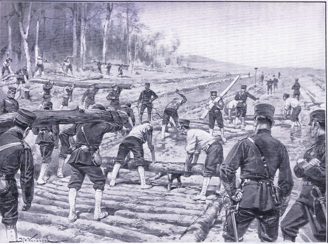 Japonští inženýři staví dřevěnou cestu pro vojáky, ilustrace z Cassells Historie rusko-japonské války Vol 1, kolem roku 1900 od Johannes Hermann Barend Koekkoek