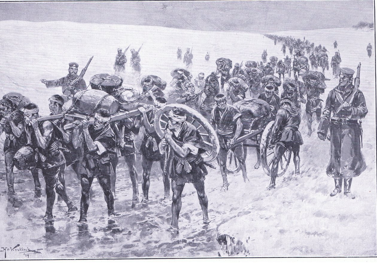 Japonci na pochodu. Muži na místě smečkových poníků, ilustrace z Cassells Historie rusko-japonské války Vol 1, kolem roku 1900 od Johannes Hermann Barend Koekkoek