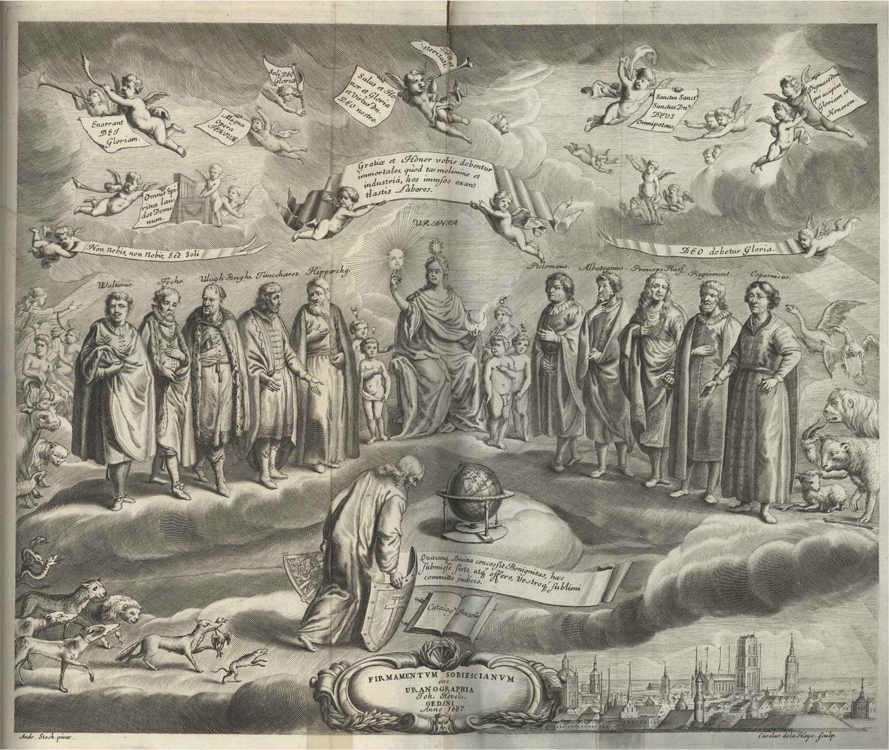 Podpora Sobiescianumsive Uranography Frontispiece od Johannes Hevelius