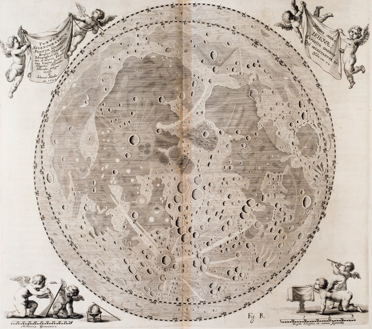 První podrobná mapa Měsíce nakreslená v roce 1647 Johannem Heveliusem, tisk převzat z nebeského atlasu Johanna Hevelia (1611-1687) Selenographia sive Lunae descriptio, Gdaňsk od Johannes Hevelius