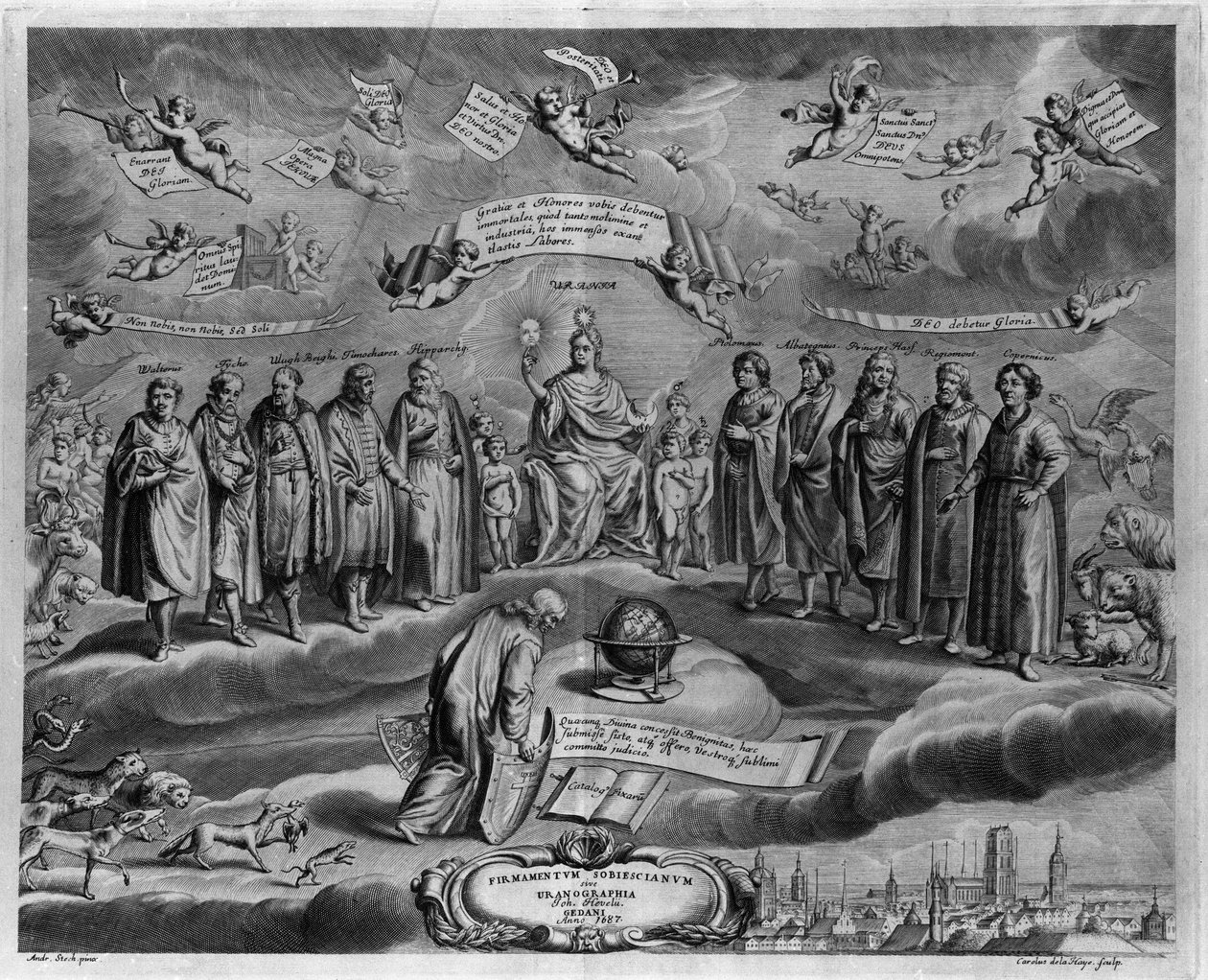 Slavní astronomové. Mezi nimi zleva doprava: Walterus (?) , Tycho Brahe (Tyge Ottesen Brahe), známý jako Le noble Danish nebo L