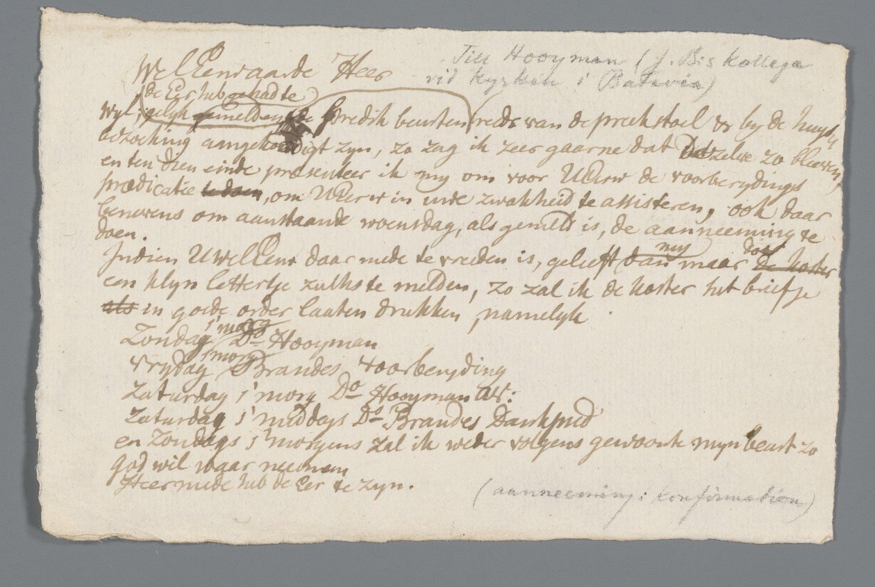 Dopis reverenda Hooymana Janu Brandesovi od Johannes Hooyman