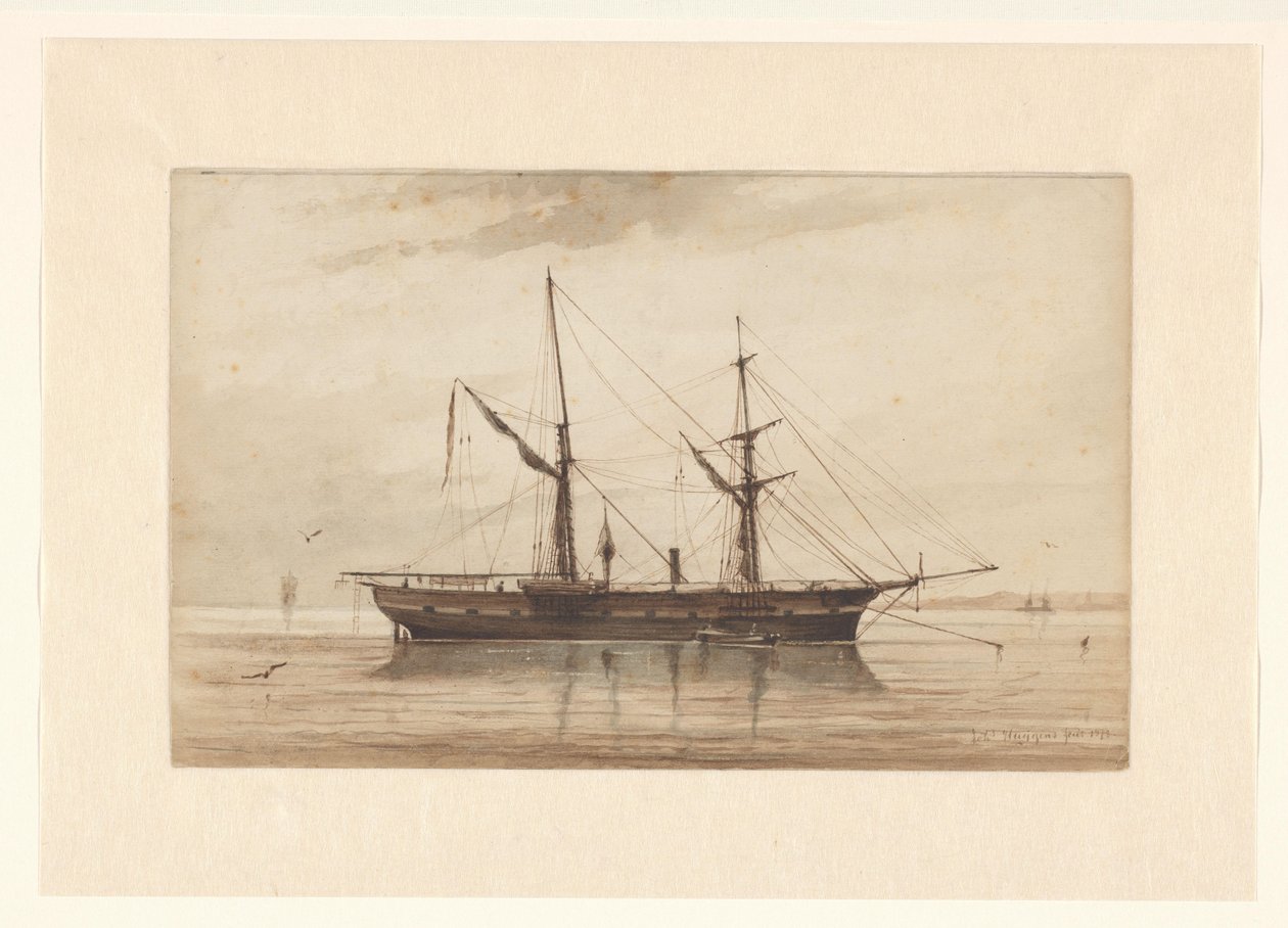 Plachetnice kotvící v klidných vodách od Johannes Huygens (signed by artist)