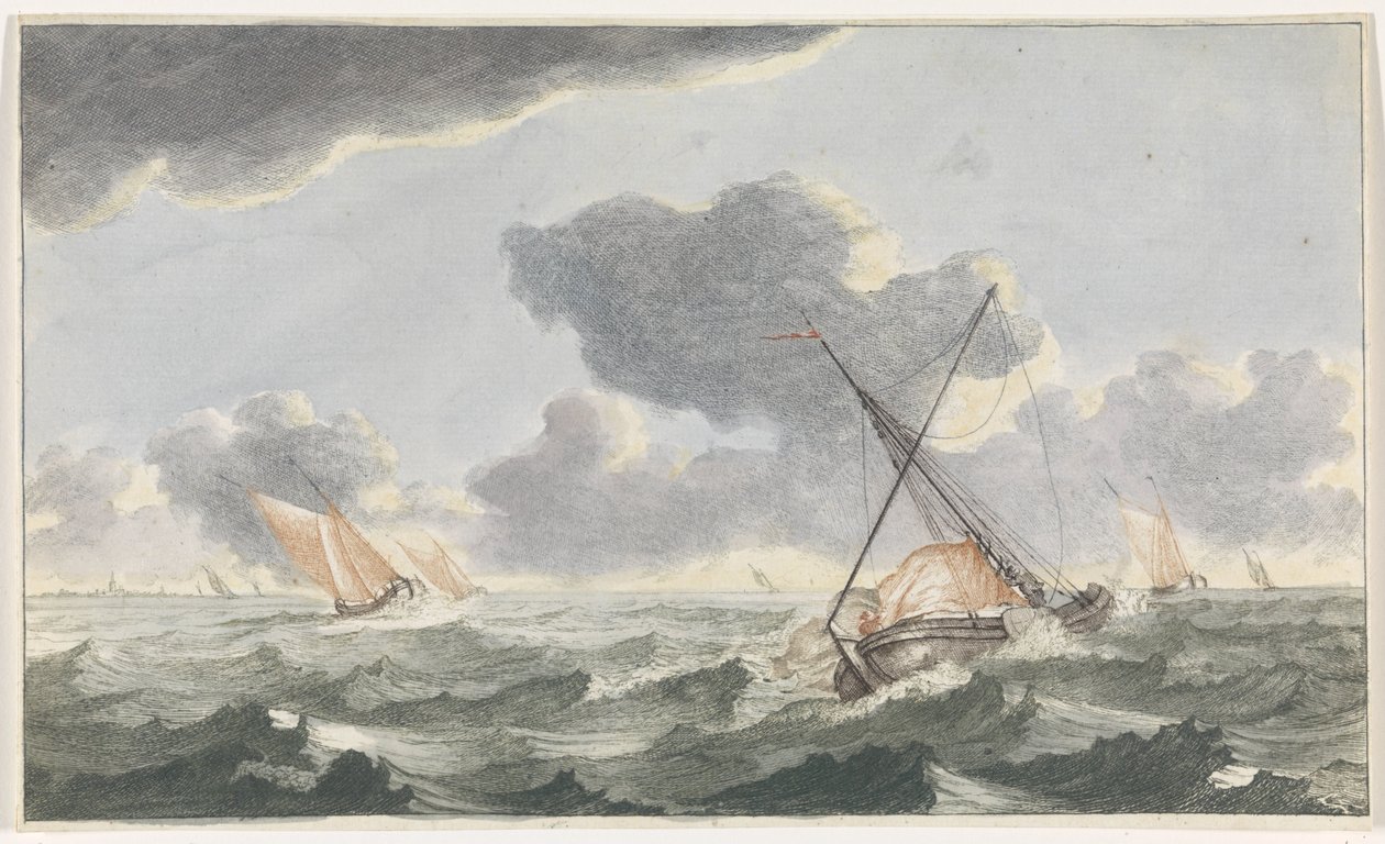 Žehlení plachty Lodě na moři (série A) (název série) od Johannes Jacobsz van den Aveele (attributed to)