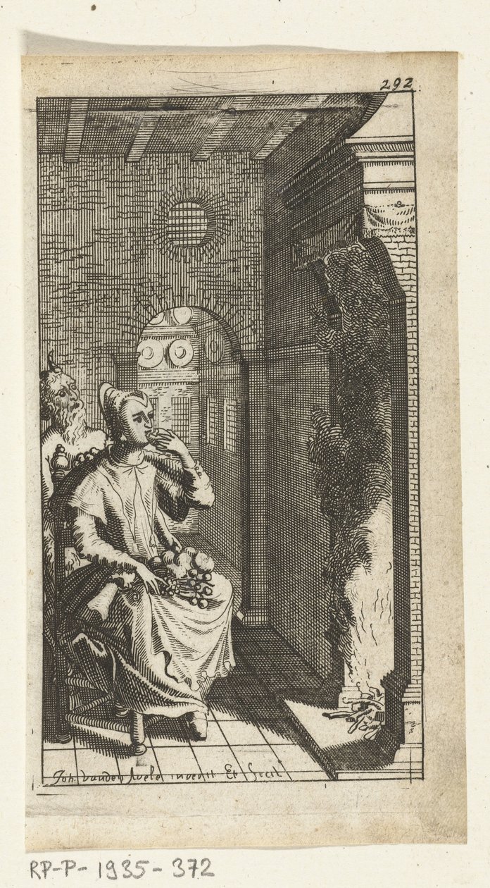 Pěkný čert Knižní ilustrace pro Simon de Vries, Seven Duyvelen vládnoucí a sloužící Hedendaeghsche Dienstmaegden, Amsterdam, 1682 od Johannes Jacobsz van den Aveele
