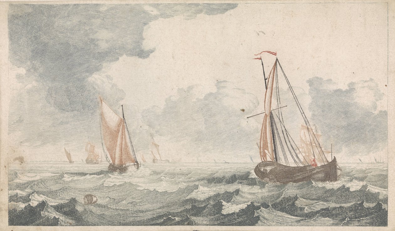 Dvě lodě s plochým dnem plující proti sobě Lodě na moři (série A) (název série) od Johannes Jacobsz van den Aveele