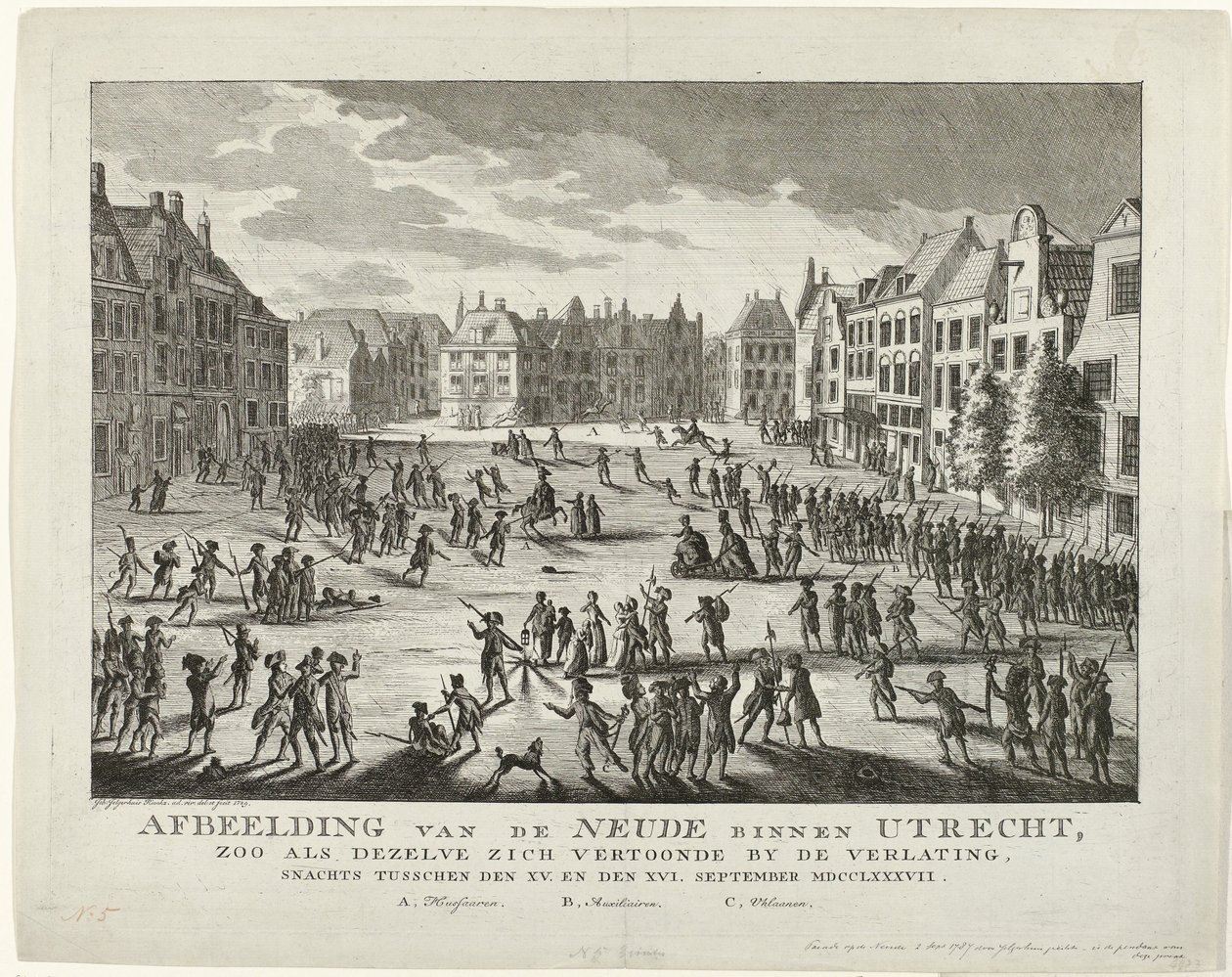 Patrioti opouštějí Neude v Utrechtu, 1787 Vyobrazení Neude v Utrechtu, jak se jevilo, když bylo opuštěno v noci mezi XV. a XVI. září MDCCLXXXVII (název na objektu) od Johannes Jelgerhuis