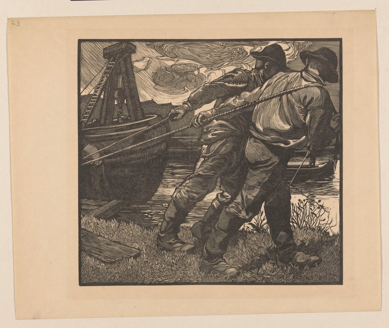 Dělníci s lany na břehu od Johannes Josephus Aarts