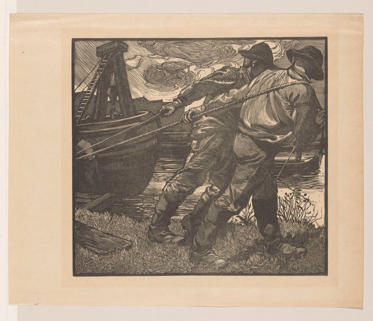 Dělníci s lany na břehu od Johannes Josephus Aarts