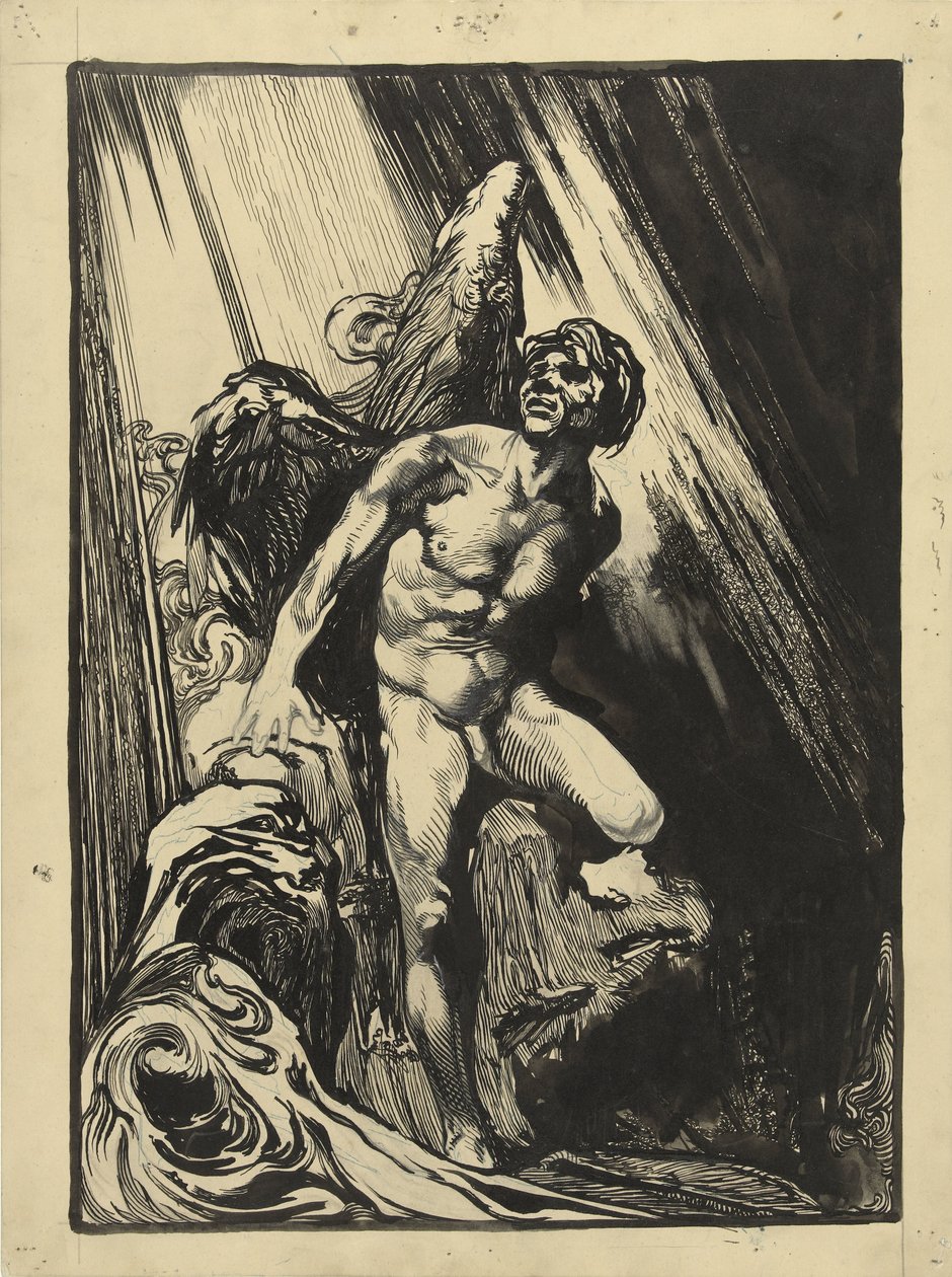 Zápas ve skalnaté krajině u potoka, vzhlíží ke světlu od Johannes Josephus Aarts