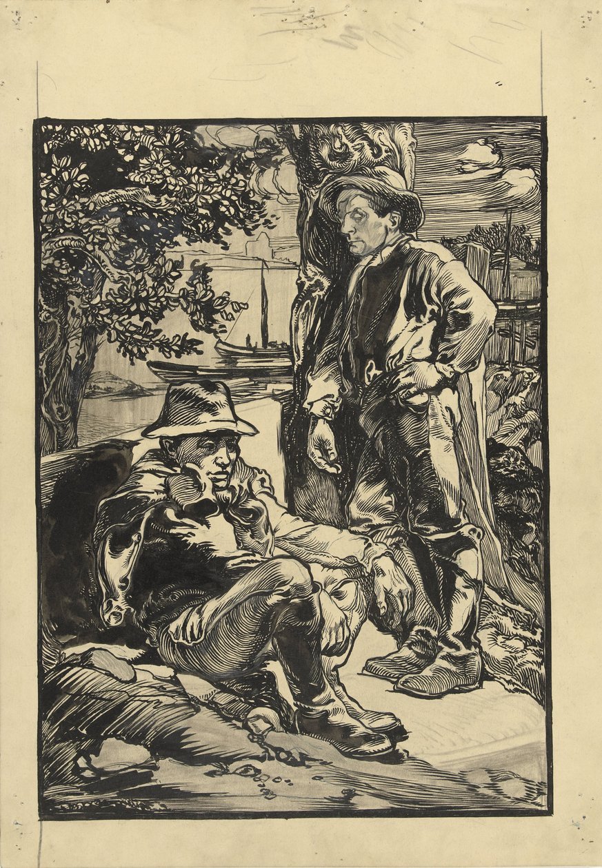 Dva dělníci hráze, jeden sedící, druhý opřený o strom od Johannes Josephus Aarts