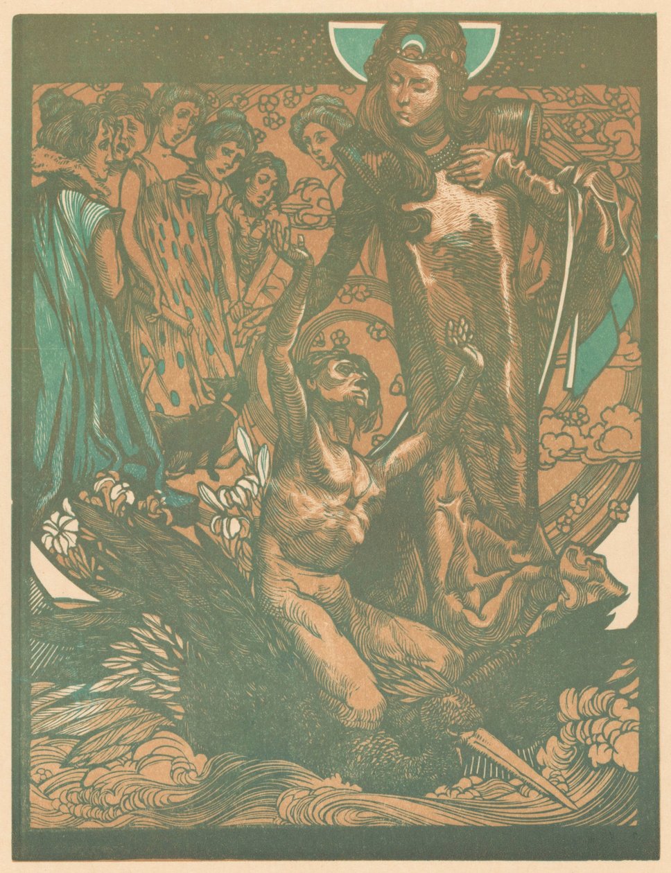 Ženské postavy s mužem na ptačím hřbetě od Johannes Josephus Aarts