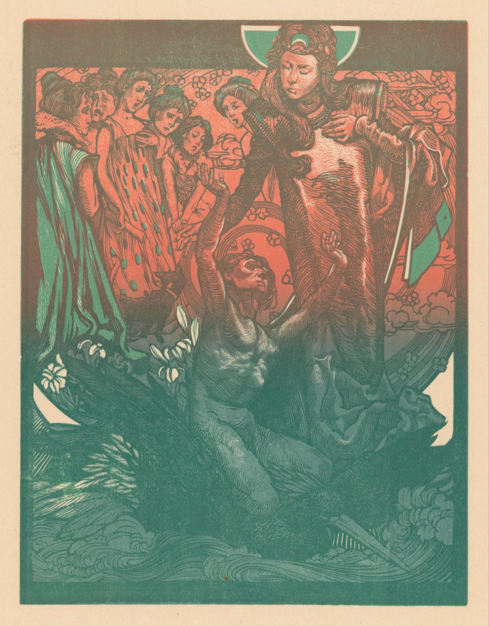 Ženské postavy s mužem na ptačím hřbetě od Johannes Josephus Aarts