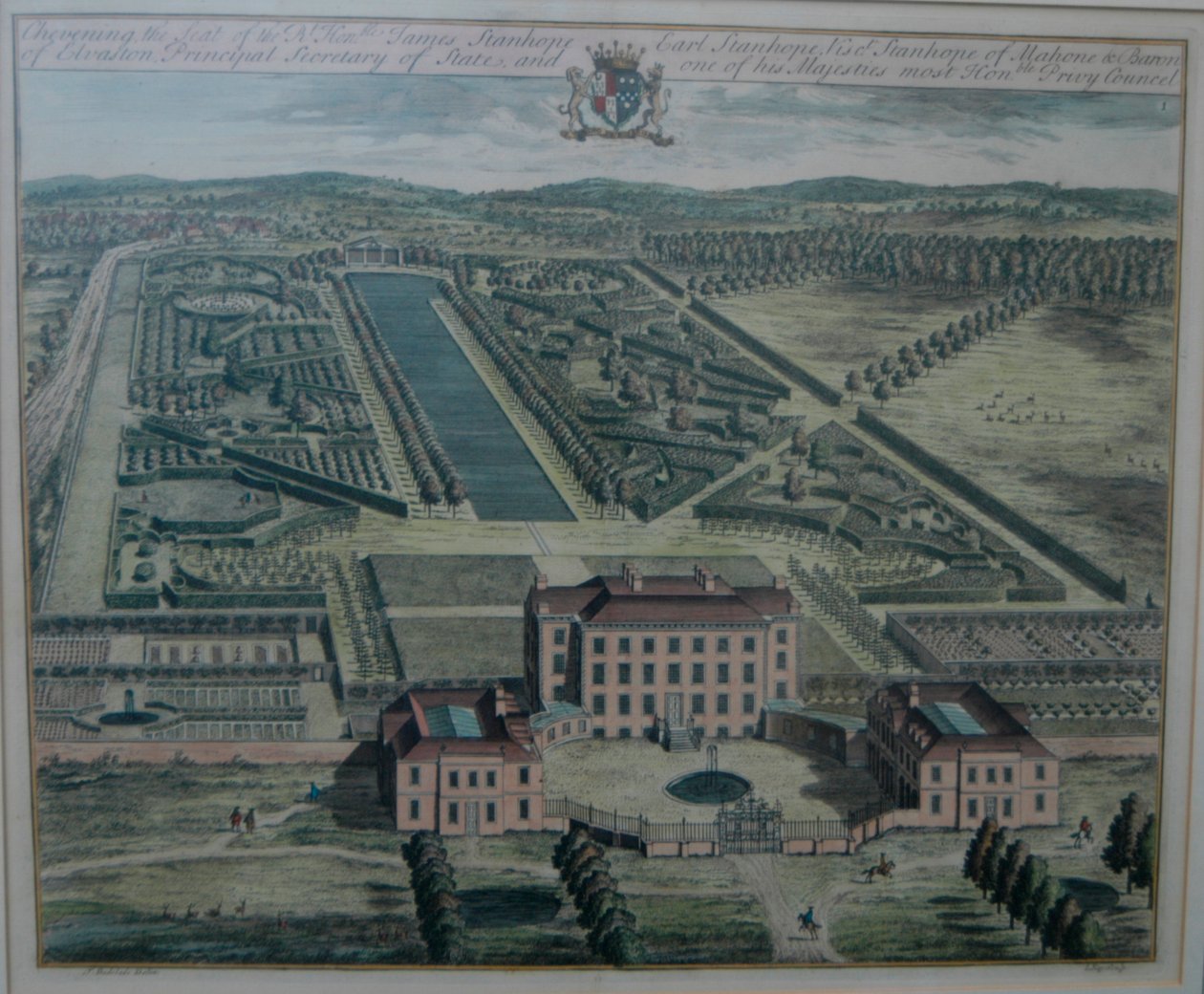 Rytina Cheveningu od Johannese Kipa (zemř. 1722) podle Thomase Badesladea (zemř. 1742), vydaná (v History of Kent) 1719 Johnem Harrisem. od Johannes Kip