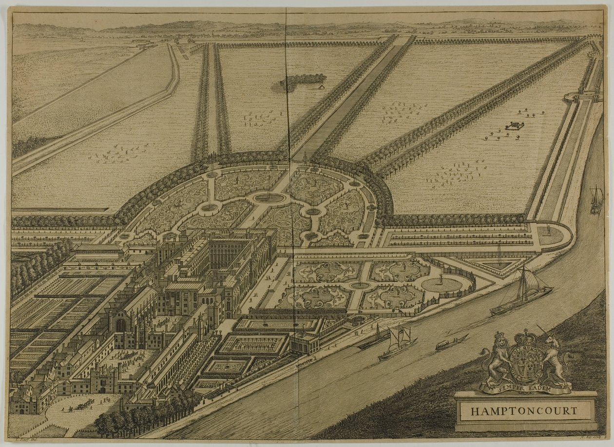 Hampton Court, deska šest od Britannia Illustrata od Johannes Kip