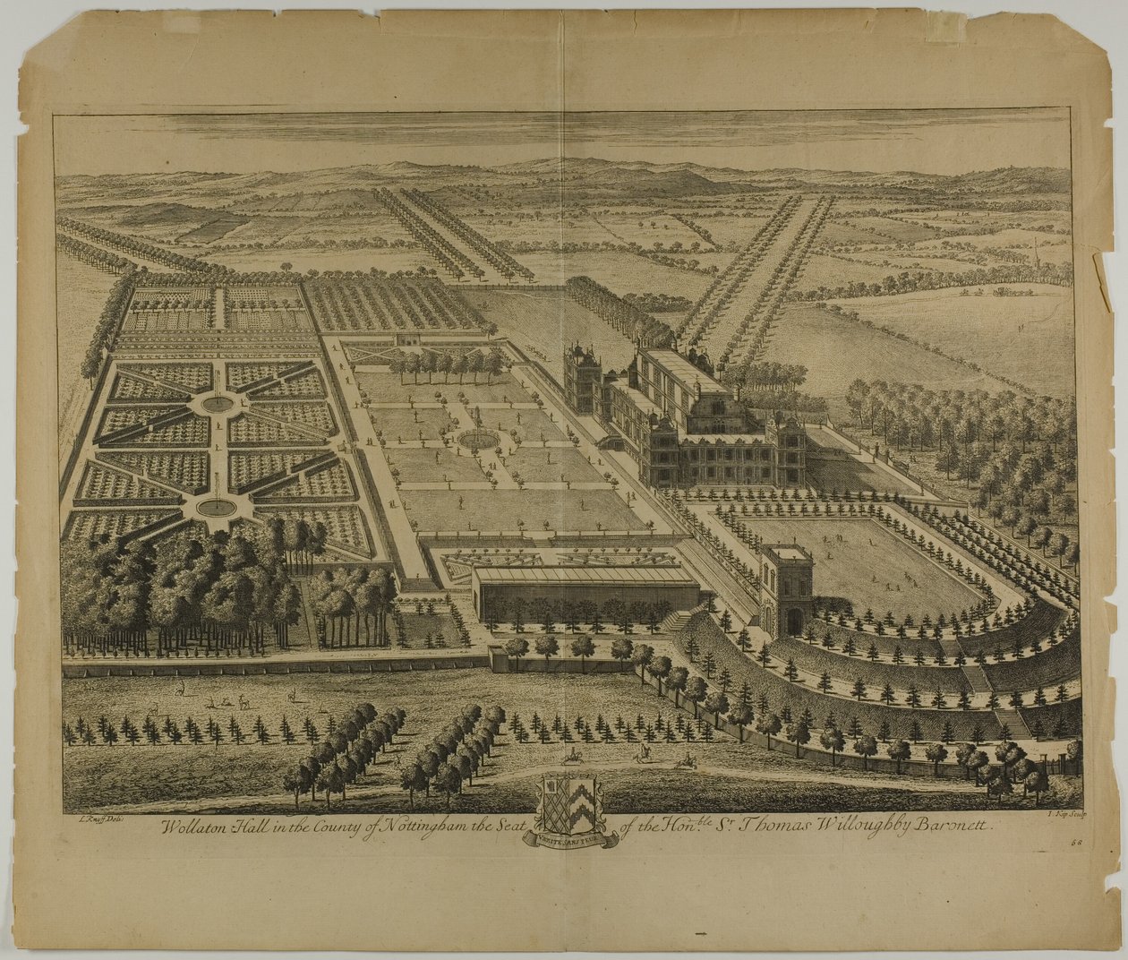 Wollaton Hall v hrabství Nottingham, deska 68 z Britannia Illustrata od Johannes Kip