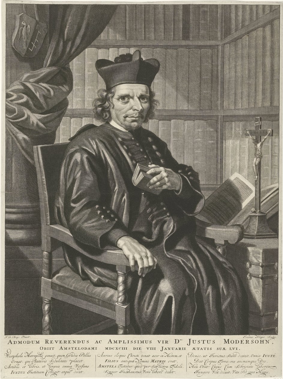 Portrét pastora Justuse Modersohna Správný reverend a velký muž pan Justus Modersohn, zemřel v Amsterdamu, 1693, 8. ledna svého pátého roku (název na předmětu) od Johannes Klopper