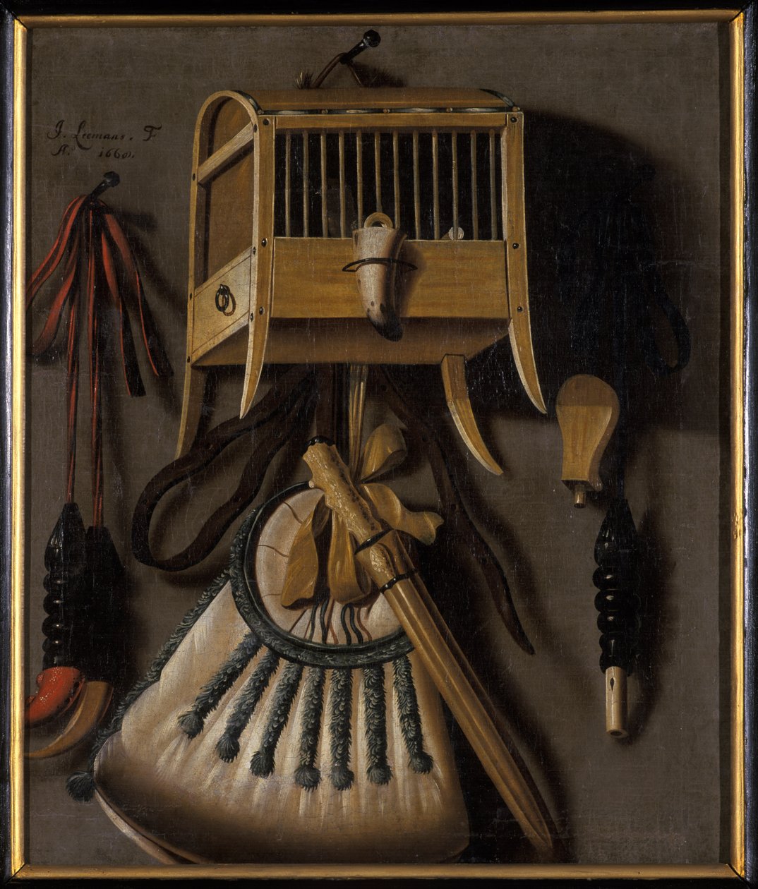 Zátiší s vybavením na odchyt ptáků, 1660 od Johannes Leemans