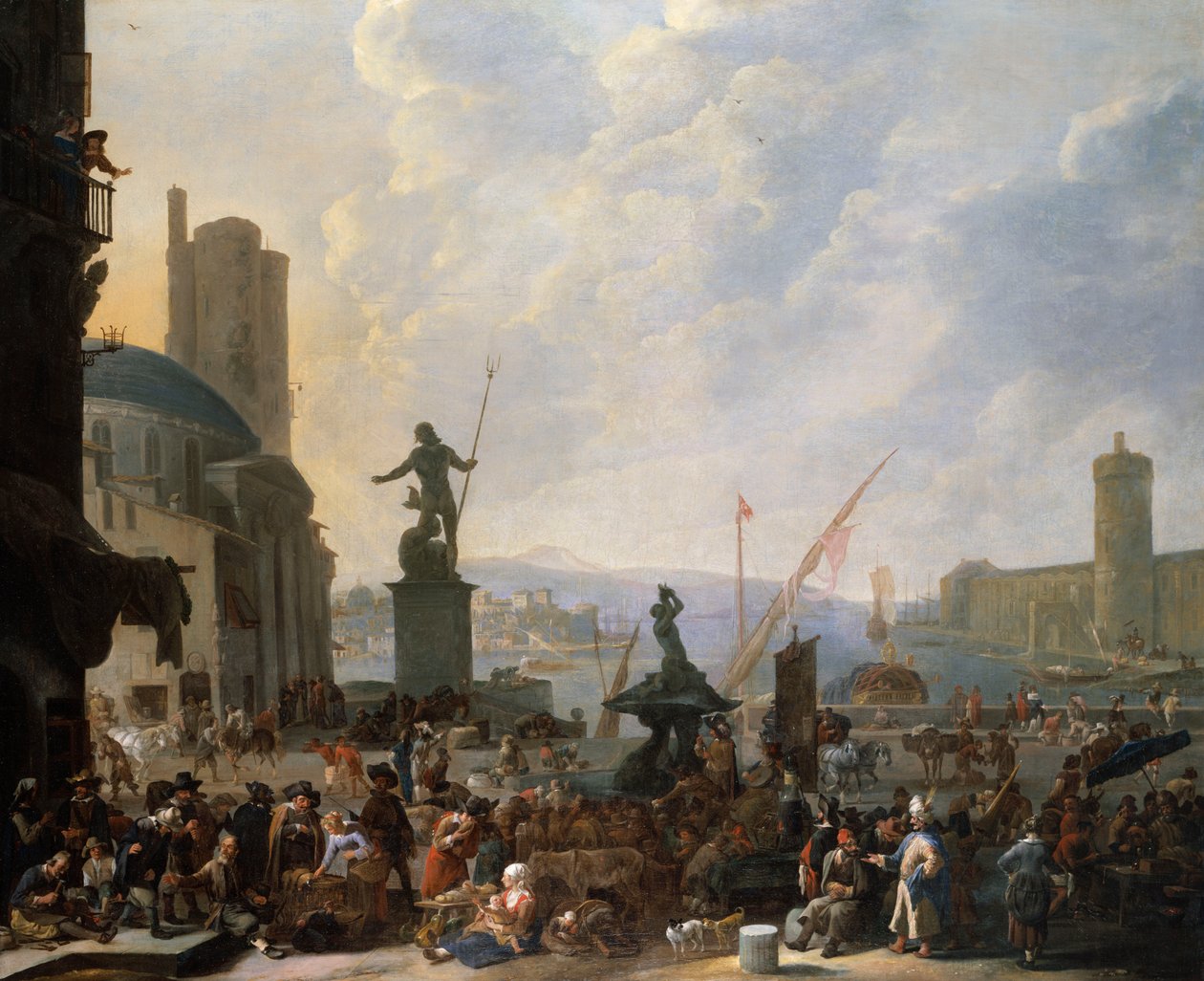 Capriccio ze středomořského přístavu s Berniniho fontánou Triton a Capriccio z Palais du Louvre, 1651 od Johannes Lingelbach