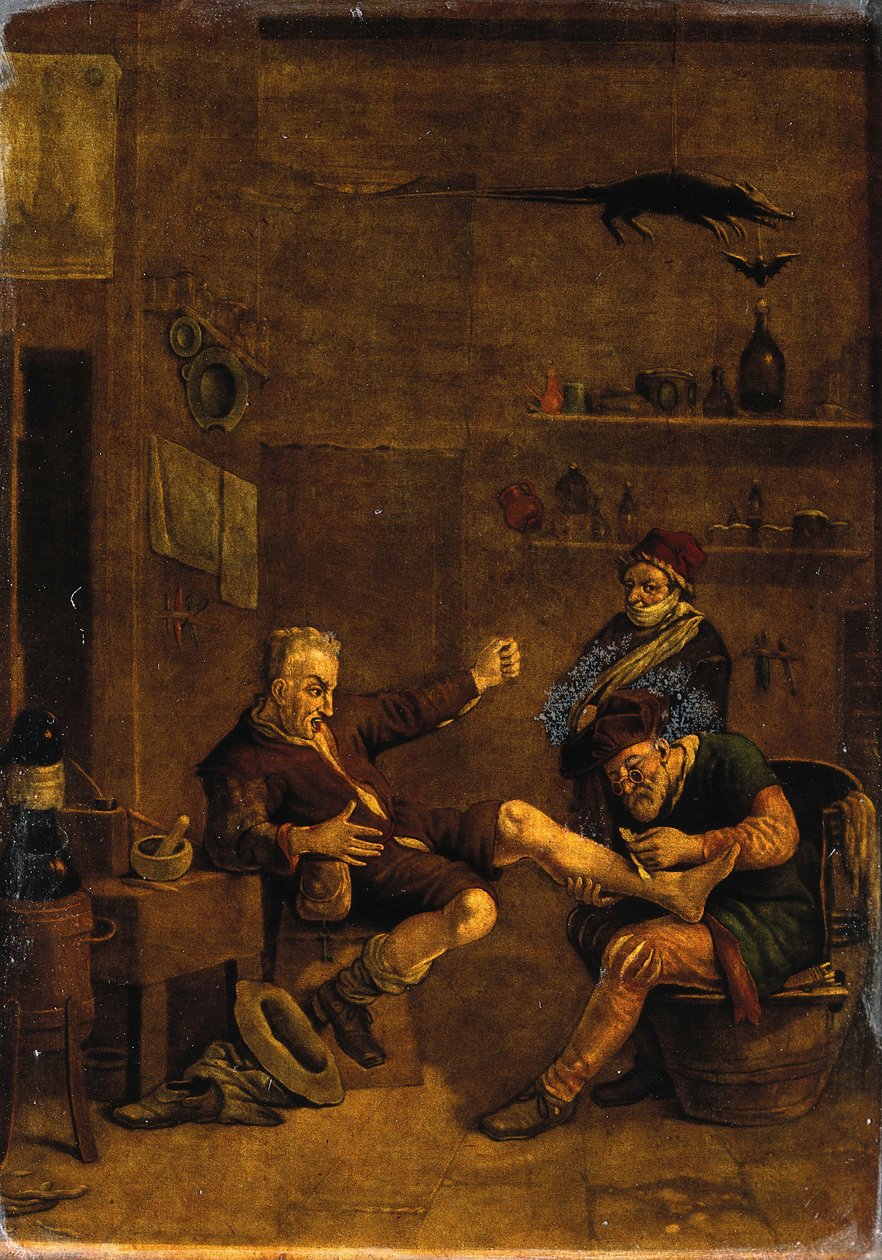 Chirurg ošetřující nohu muže. Mezzotinta podle kompozice připisované Johannesovi Lingelbachovi. od Johannes Lingelbach