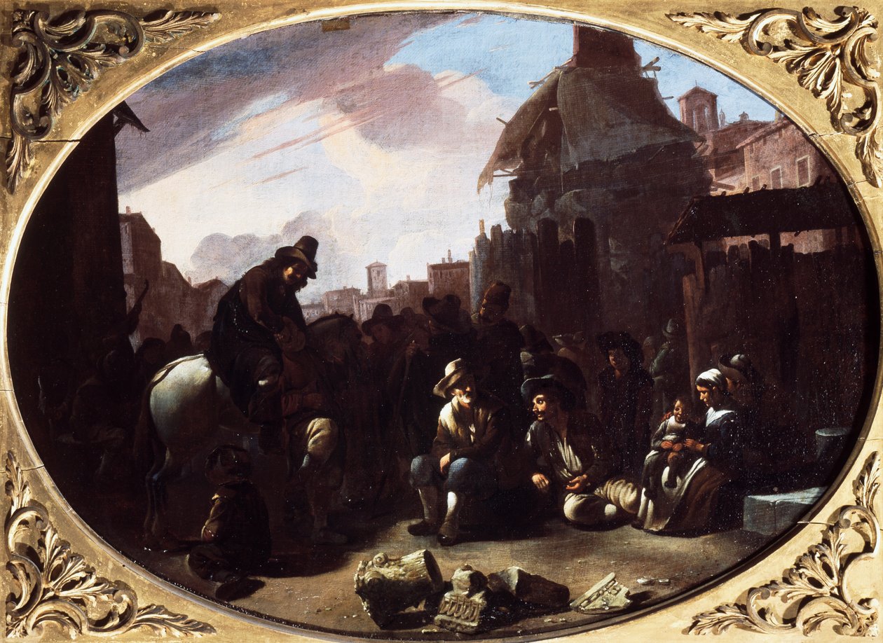 Bambocciata, vytahovač zubů na Piazza Navona (olej na plátně) od Johannes Lingelbach