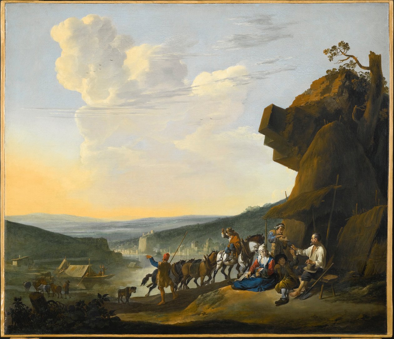 Německy: Südliche Landschaft mit Fähre Jižní krajina s výhledem na záliv, s odpočívajícími pocestnými od Johannes Lingelbach