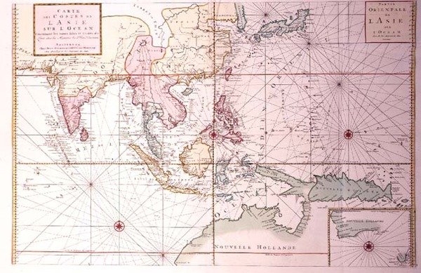 Pobřežní mapa táhnoucí se od severozápadní Indie po severní Austrálii přes Japonsko a Filipíny, cca 1700 (barevná rytina) od Johannes and Mortier Cornelis Covens