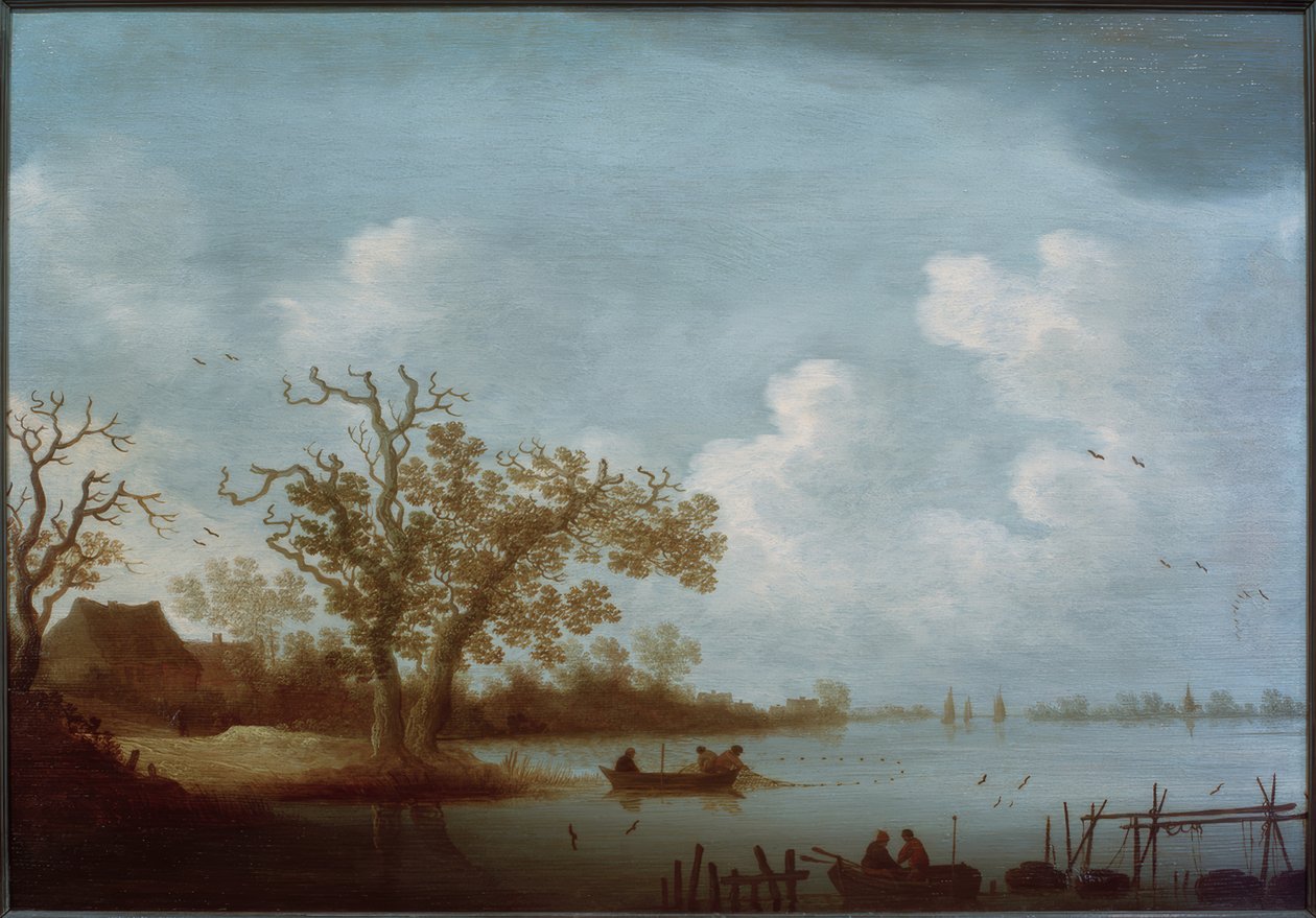 Holandská říční krajina s farmami a rybářskými loděmi od Johannes Pietersz. Schoeff