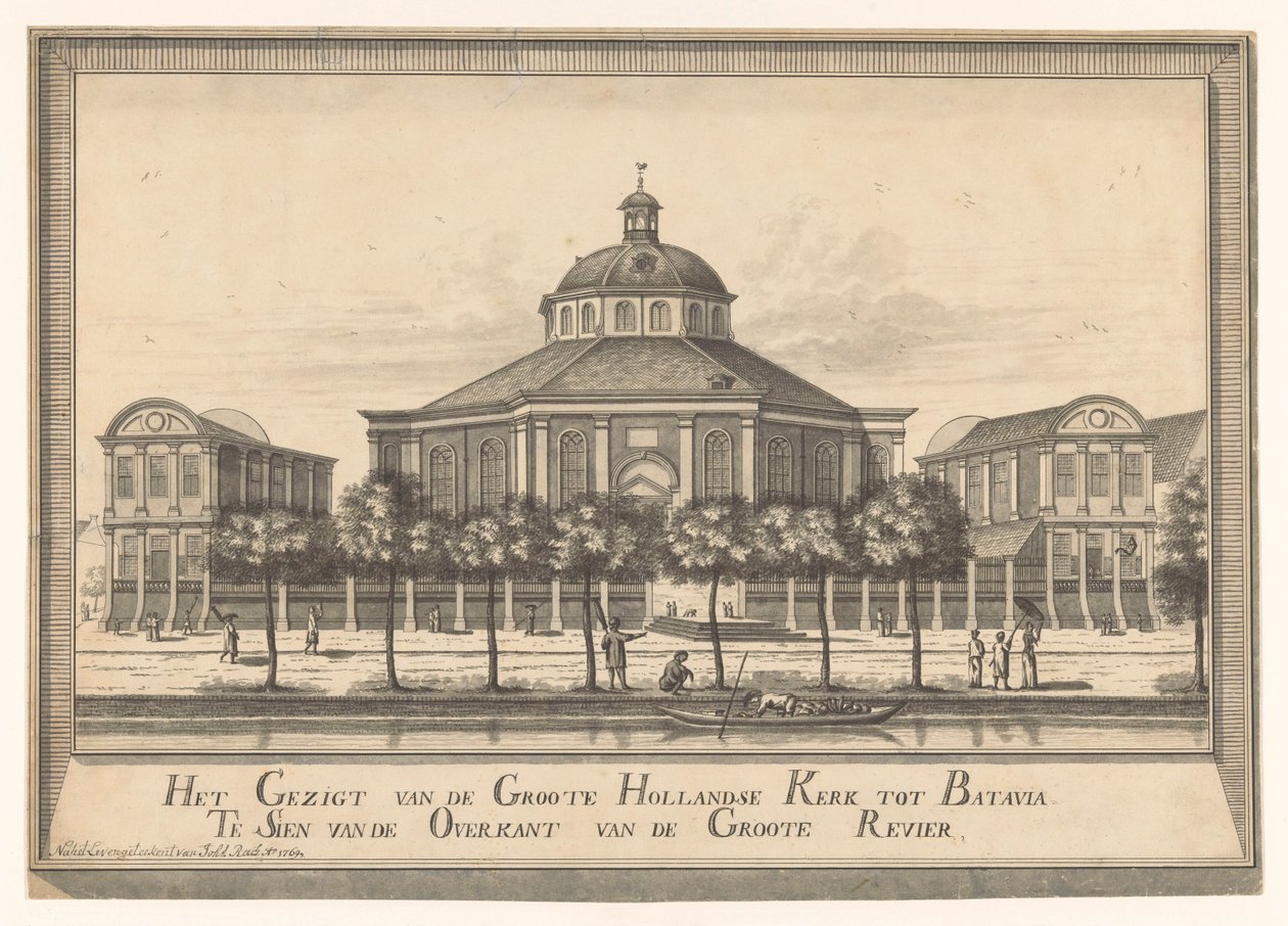 Pohled na New Dutch Church of Batavia Pohled z Groote Hollandse Kerk na Batavia Te Sien z druhé strany Groote Revier (název na objektu) od Johannes Rach