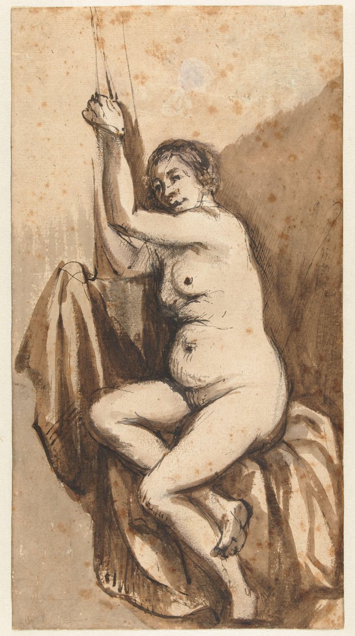Sedící ženský akt se zdviženýma rukama od Johannes Raven (attributed to)