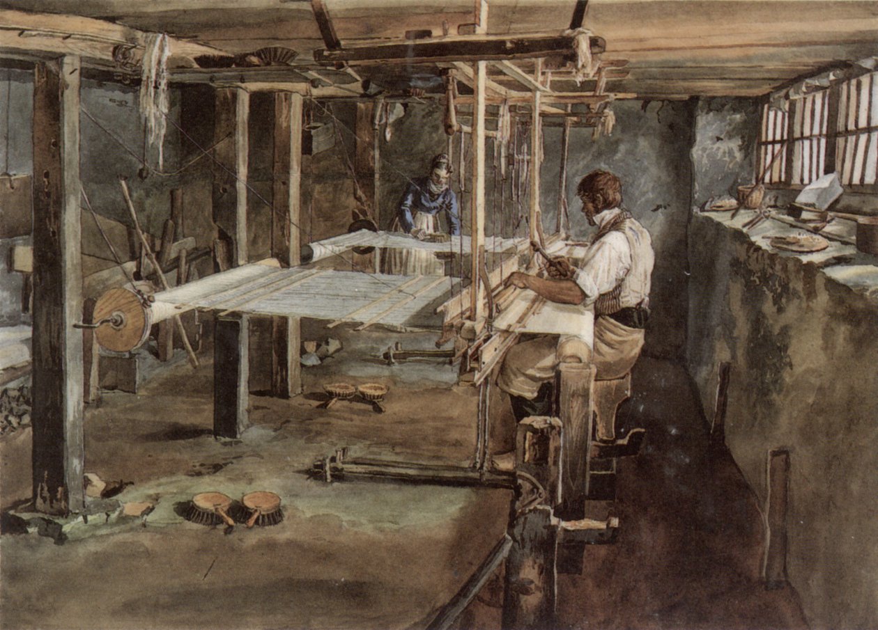 Appenzellský pár tkalců při práci na ručním stavu, kolem roku 1830 od Johannes Schiess