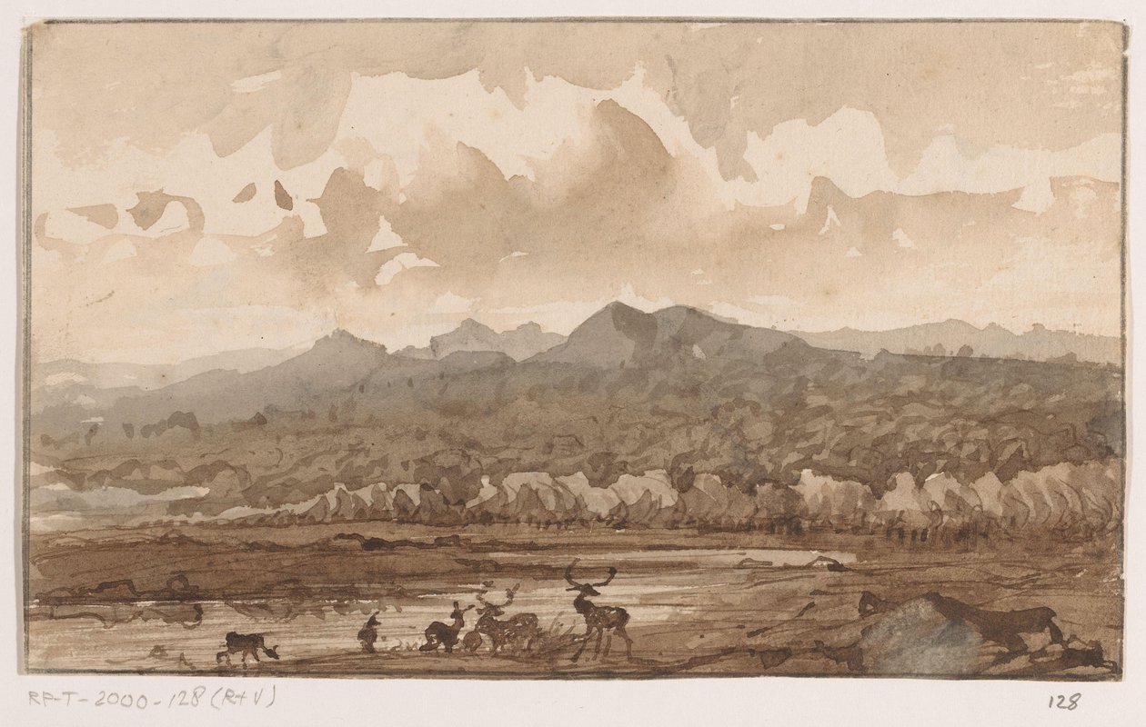 Horská krajina s jeleny od Johannes Tavenraat (signed by artist)