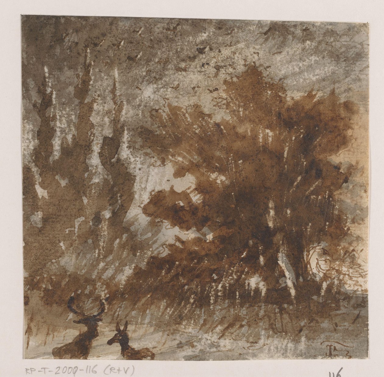 Jeleni a ptáci u vysokých stromů od Johannes Tavenraat (signed by artist)