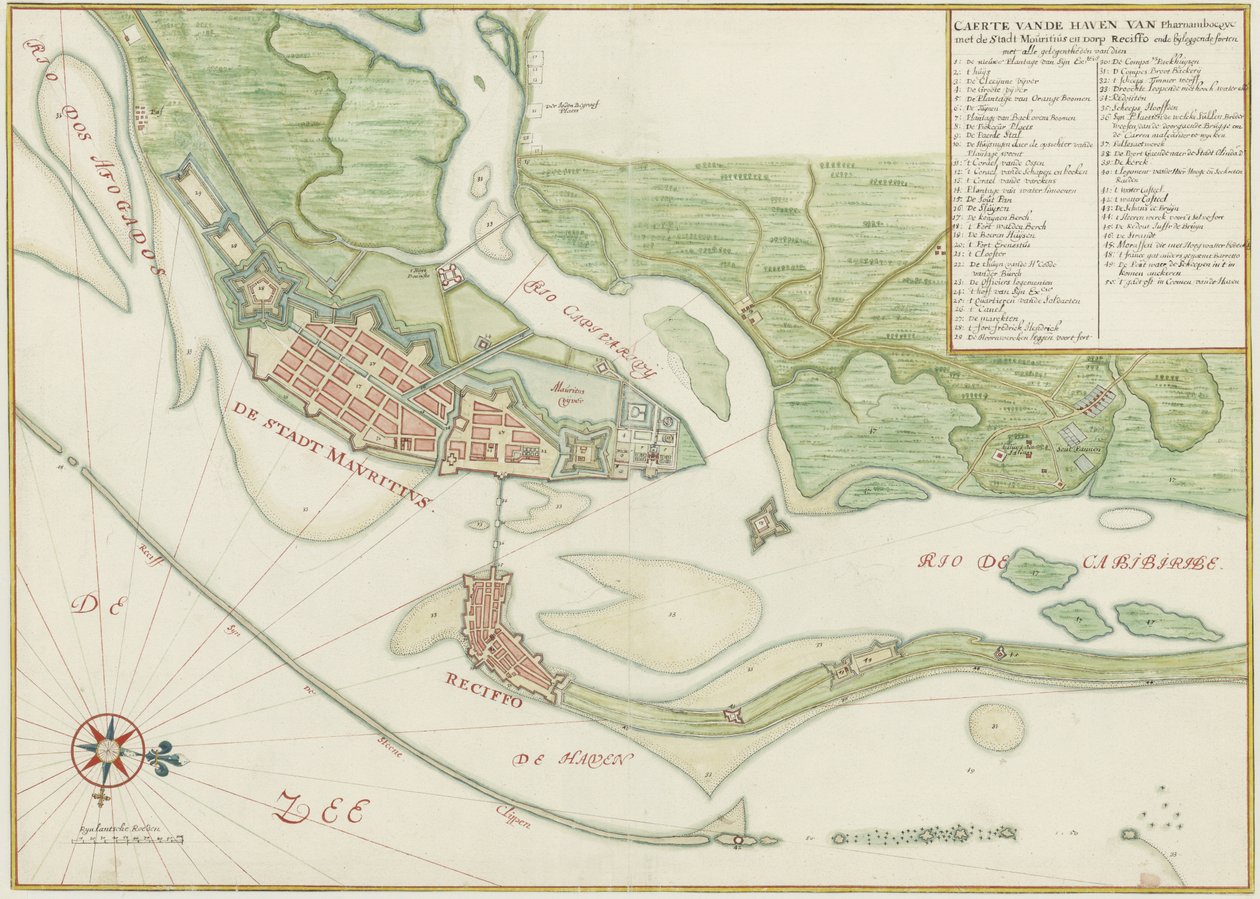 Akvarelový graf města Recife (Brazílie) v 17. století od Johannes Vingboons