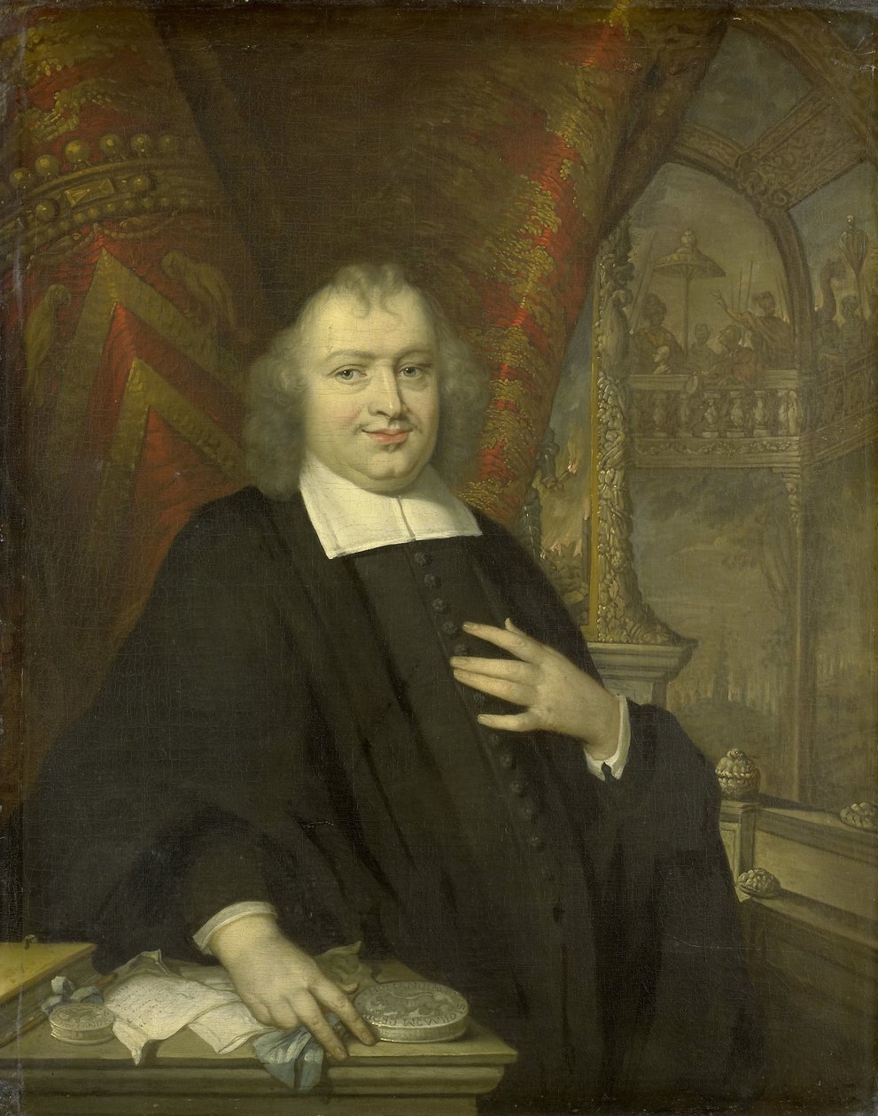 Portrét Gaspara Fagela, velkého důchodce Holandska po roce 1672 v pozadí je zasedací síň Holandských států v Binnenhof v Haagu od Johannes Vollevens (I) (copy after)