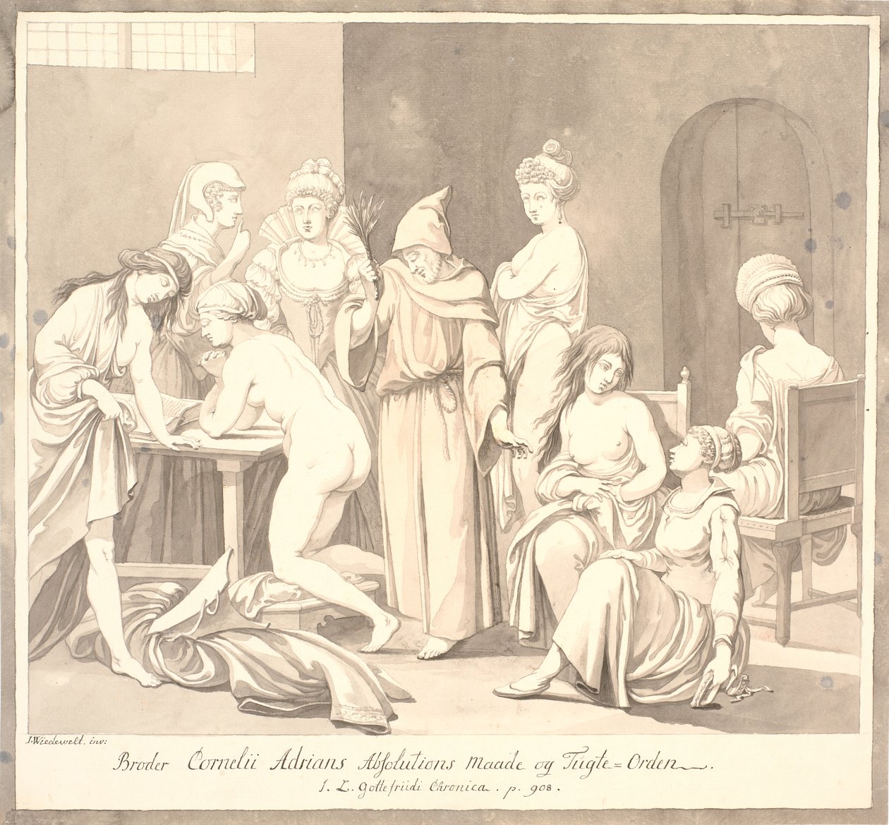 "Broder Cornelius Adrians Absolutions Maade og Tugte=Orden. / J.L. Gottefriidi Chronica. str. 908." od Johannes Wiedewelt