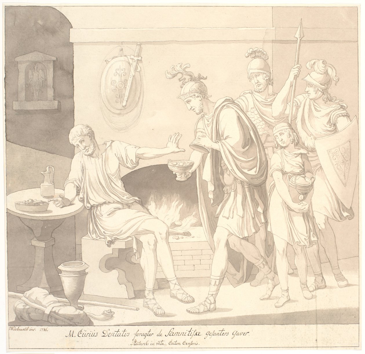 "M. Curius Dantatus foragter de Samnitiske Gesanters Gaver./ Plutach: in vita. Cato cenzor." od Johannes Wiedewelt