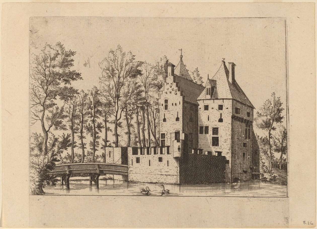 Hrad s lanovým mostem od Johannes and Lucas van Doetechum after Master of the Small Landscapes
