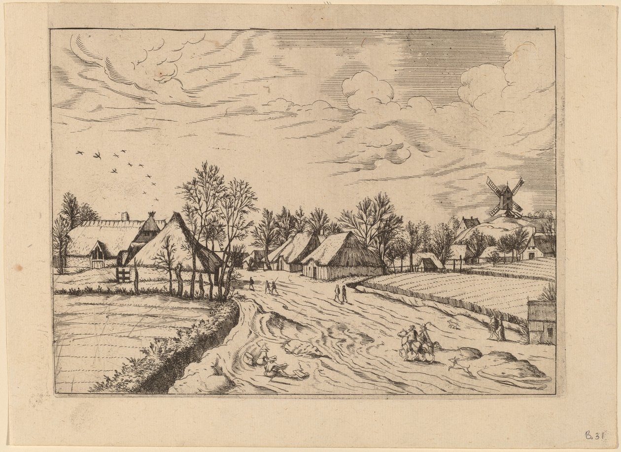 Venkovská vesnice s poštovním mlýnem od Johannes and Lucas van Doetechum after Master of the Small Landscapes
