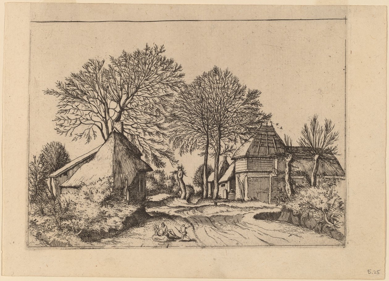 Cesta se stodolou a chalupami od Johannes and Lucas van Doetechum after Master of the Small Landscapes