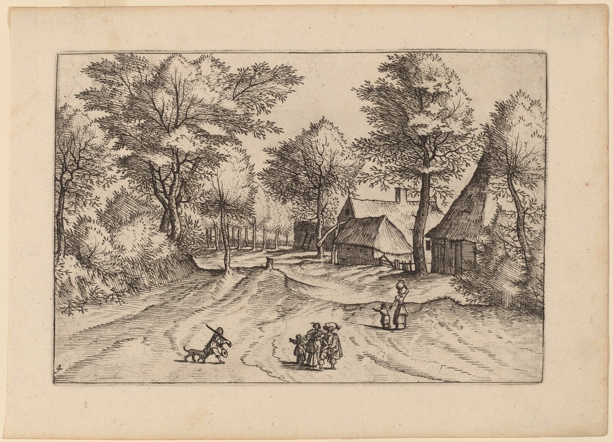 Vesnická cesta s farmou a kůlnami od Johannes and Lucas van Doetechum after Master of the Small Landscapes