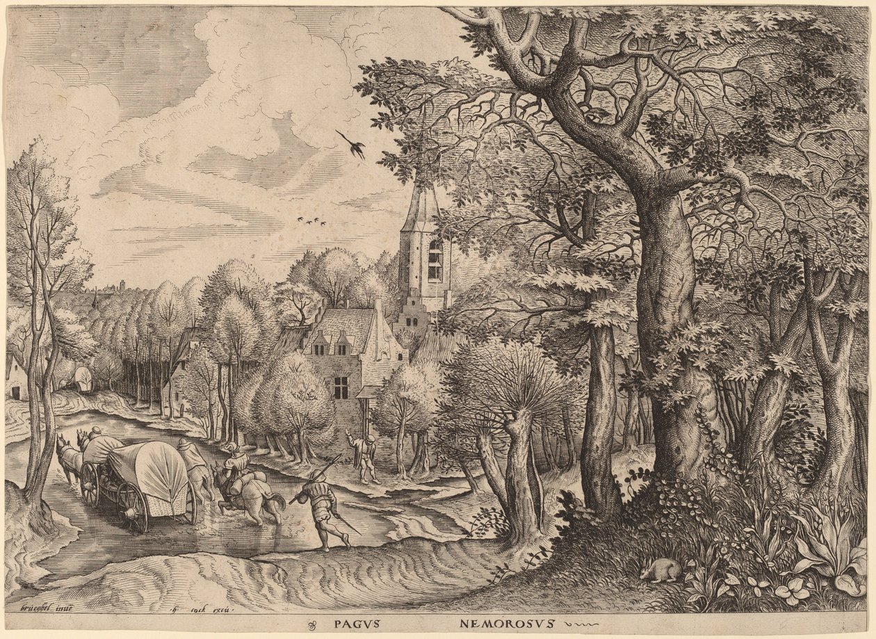 Pagus Nemorosus (zalesněná vesnice) od Johannes and Lucas van Doetechum after Pieter Bruegel the Elder
