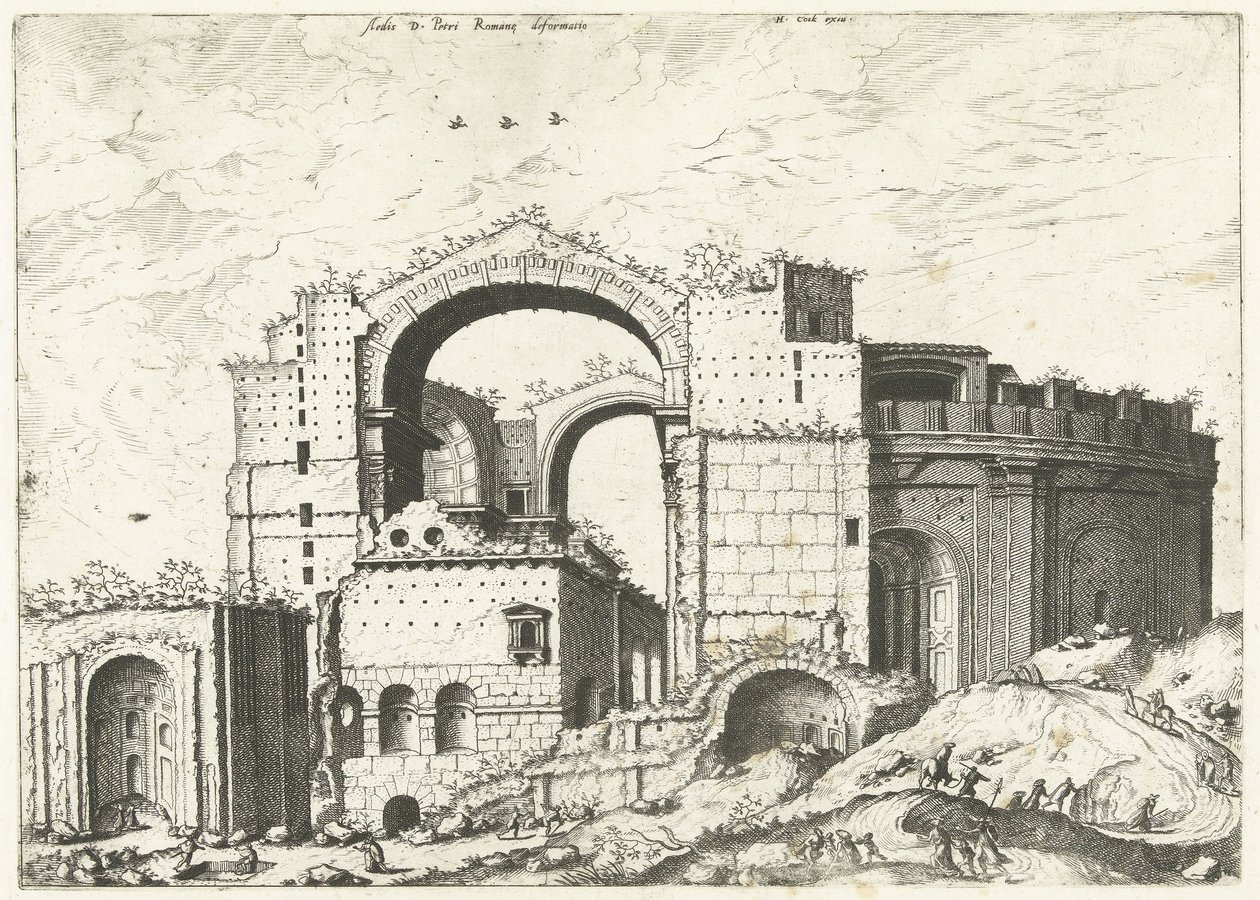 Gezicht op de Sint Pieter v Římě Deformace Aedis D. Peter Romana (titul na objektu) Římské ruiny, 1561 (název série) od Johannes of Lucas van Doetechum (attributed to)