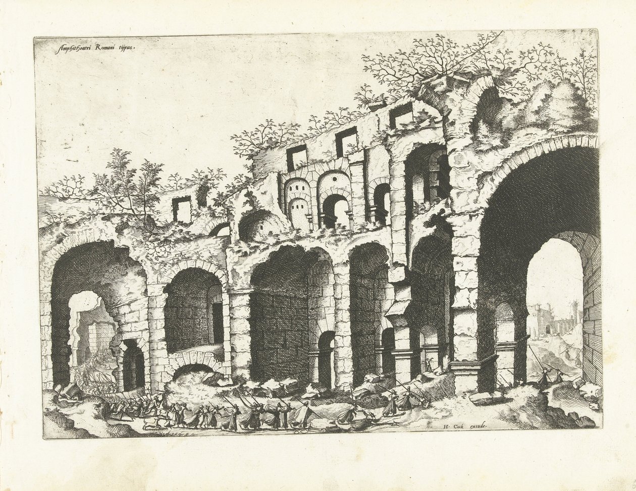 Pohled na amfiteátr pravděpodobně Koloseum Římské ruiny, 1561 (název série) od Johannes of Lucas van Doetechum (attributed to)