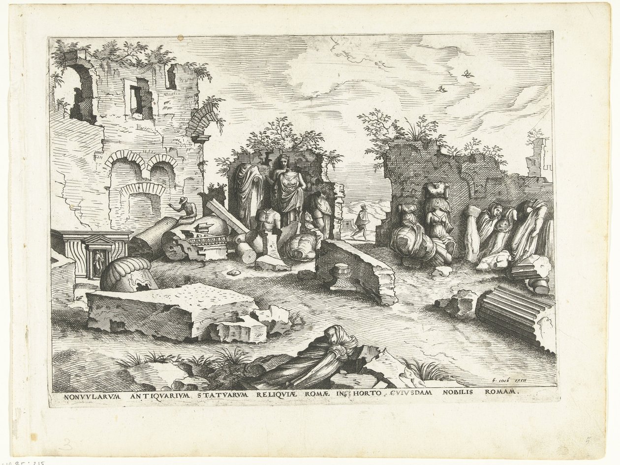 Zahrada s fragmenty antických soch Římské ruiny, 1561 (název série) od Johannes of Lucas van Doetechum (attributed to)