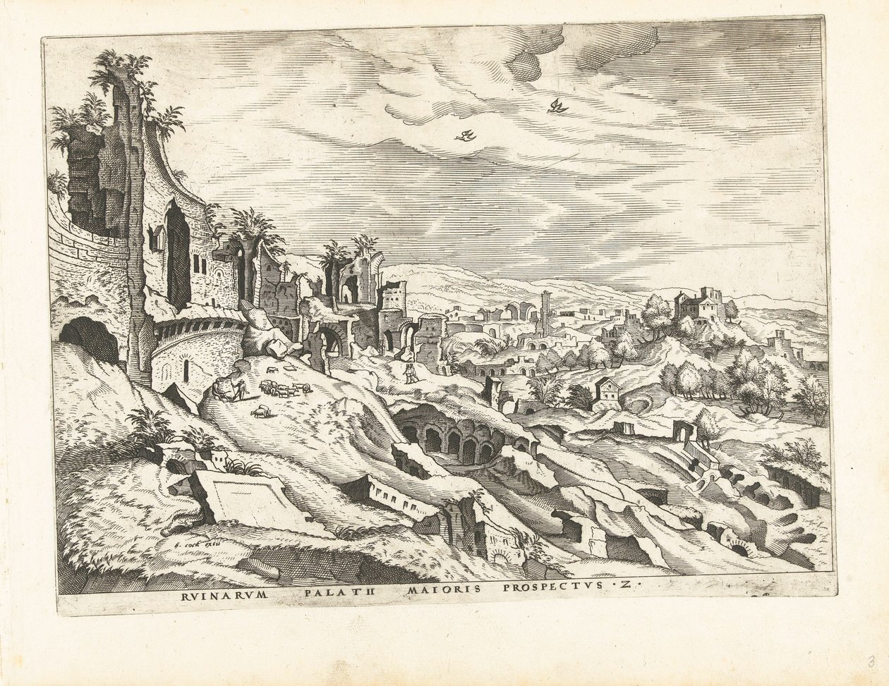 Druhý pohled na Palatine Hill v Římě Římské ruiny, 1561 (název série) od Johannes of Lucas van Doetechum (attributed to)