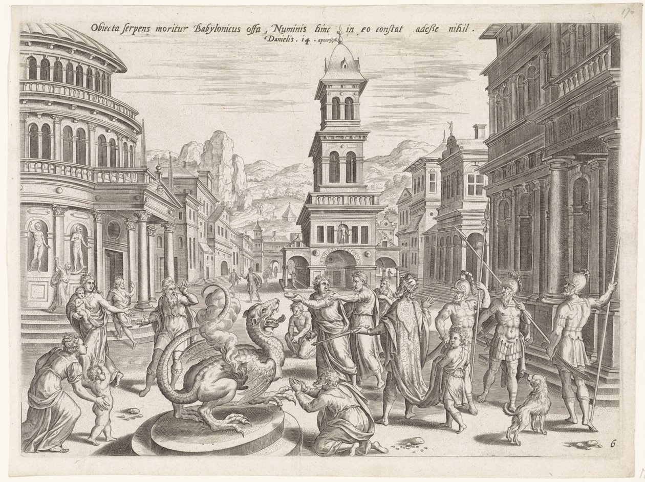 Daniel a drak Historie Daniela (název série) Theatrum biblicum (...) (název série) od Johannes of Lucas van Doetechum